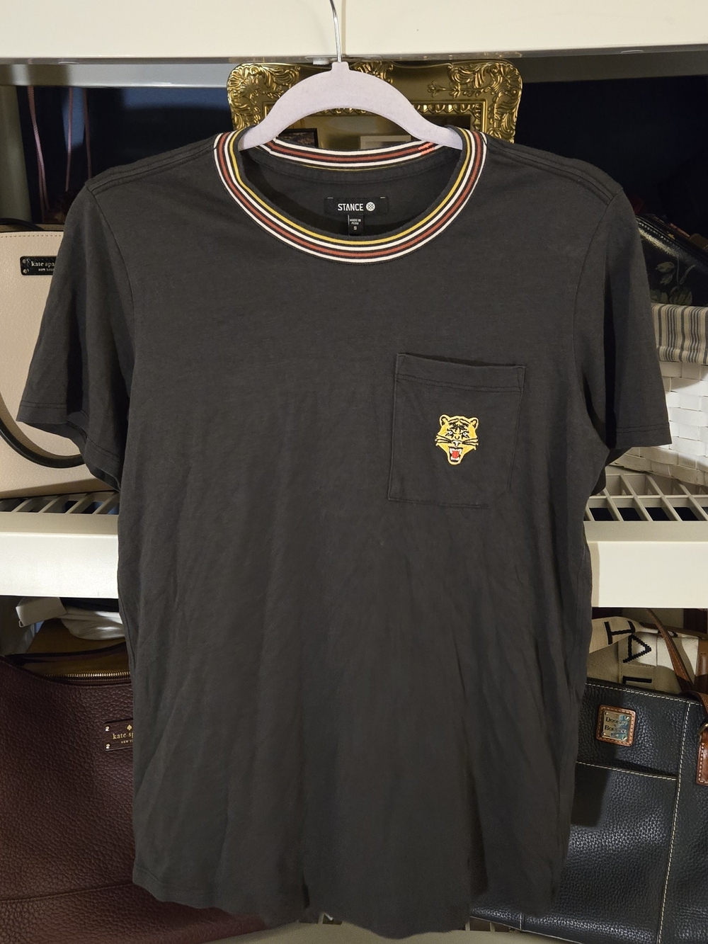 Stance Men's Butter Blend Black Pocket Tee with Striped Collar and Tiger Patch